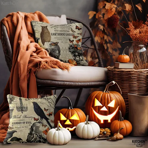 Miniatura 8 de KatchOn, Fundas de almohada vintage de Halloween de 18 x 18 pulgadas, paquete de 4 fundas de almohada de calavera Fundas de cojín de calabaza