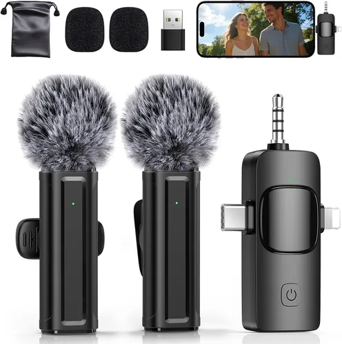 Miniatura 9 de Mini micrófono inalámbrico para iPhone, iPad, Android, paquete de 2 micrófonos Lavalier con clip giratorio de 360°, micrófono USB-C con reducción