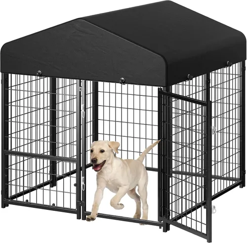 Miniatura 9 de Perrera para Perros al Aire Libre, Perrera para Perros con Techo y Comederos Giratorios/Puerta para Perros Desmontable Permite Conectar Su Casa
