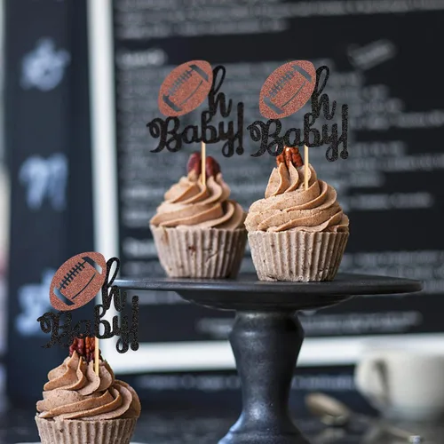 Miniatura 6 de Ercadio Paquete de 24 adornos para cupcakes de fútbol americano Oh Baby - Púas de rugby con purpurina negra para temática deportiva, baby shower