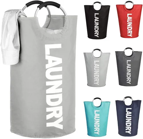 Mziart Bolsa para lavandería plegable con manijas de aleación para universidad, campamento y el hogar, Tela, gris, L