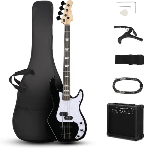 Ktaxon Bajo eléctrico de 4 cuerdas, estilo PB, tamaño completo, estándar, diestro, kit para principiantes con amplificador de 20 W, funda, correa,
