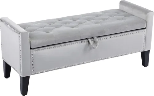 LOULENS Banco otomano de almacenamiento de terciopelo de 45 pulgadas, banco tapizado en el extremo de la cama, banco de almacenamiento moderno Gris