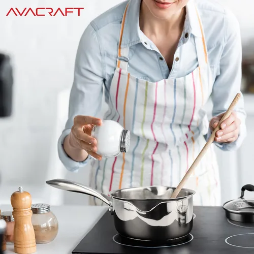 Miniatura 7 de AVACRAFT Cacerola de acero inoxidable con tapa de filtro de vidrio, dos boquillas laterales para verter fácilmente con mango ergonómico, olla