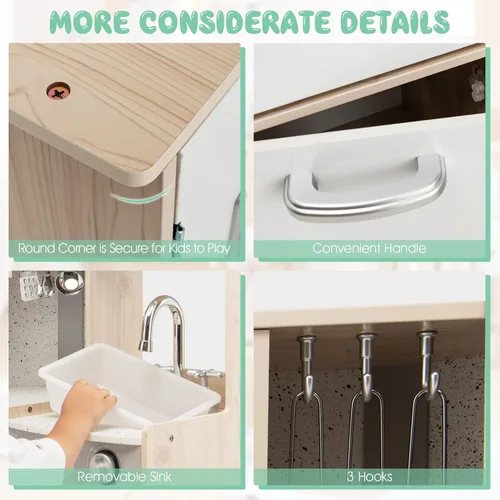 Miniatura 8 de Costzon Juego de cocina para niños, cocina de juego de simulación de madera 9 en 1 con luz y sonido realistas, máquina de hielo, lavadora