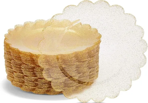 BLUE PANDA Paquete de 50 platos de plástico dorados, platos dorados con purpurina con bordes festoneados, desechables para cumpleaños, bodas,