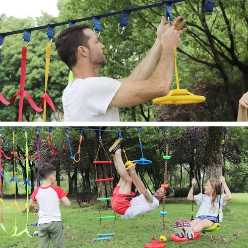 Miniatura 4 de Craft Ninja Warrior - Accesorios para carreras de obstáculos para niños, juego al aire libre, 7 anillos, 2 ruedas de trapecio oscilantes y 2 barras