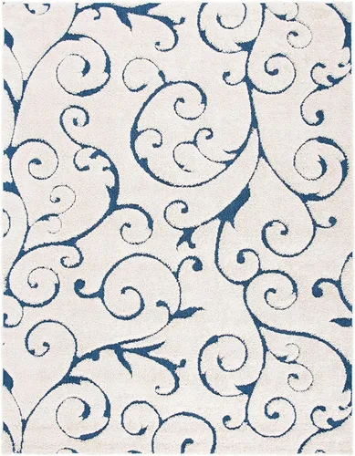 Miniatura 3 de SAFAVIEH Alfombra de área de 8x10 - Colección Florida Shag - Grande - Crema y azul, diseño de volutas, no desprende pelusa y fácil de limpiar, pelo