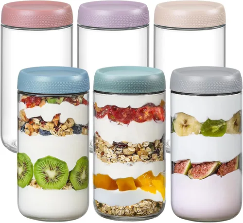 Miniatura 12 de NETANY Paquete de 6 recipientes de 16 oz para avena nocturna con tapas, tarros de vidrio con tapas herméticas, tarros de ensalada Mason de boca