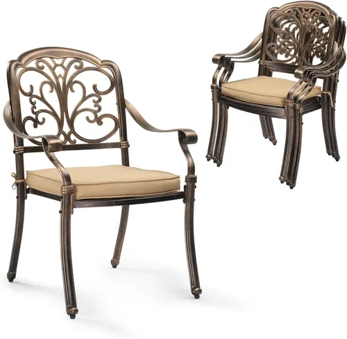 Miniatura 17 de VINGLI Juego de 2 sillas de patio apilables de aluminio fundido para exteriores con acabado negro vintage y patrón floral, sillones de metal