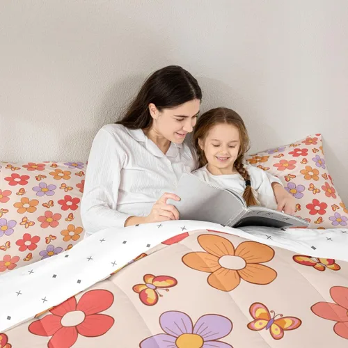 Miniatura 5 de Groovy - Juego de ropa de cama de flores tamaño individual, color morado y rosa, para niñas, bonito edredón de mariposa, color naranja y rojo