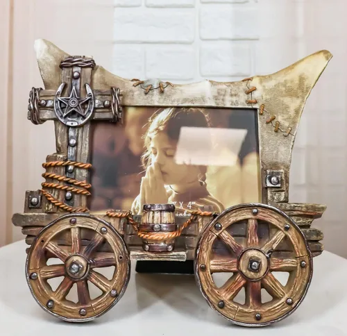 Miniatura 3 de Ebros Gift Carro rústico cubierto con ruedas y cuerdas de estrella de herradura, marco de fotos de 6 x 4 pulgadas, con caballete trasero o colgador