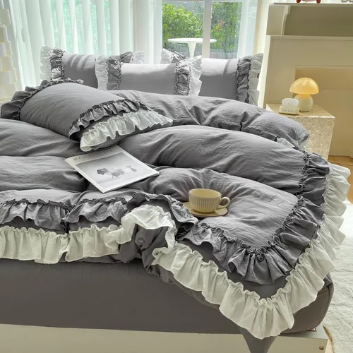 Miniatura 12 de Shabby Chic - Juego de ropa de cama de 2 piezas, juego de funda de edredón vintage con volantes de 2 capas, juego de microfibra cepillada suave
