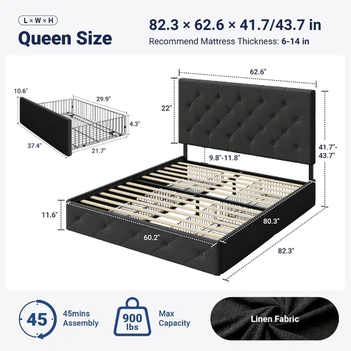 Miniatura 2 de Allewie - Base de cama con plataforma de tamaño Queen, tapizada, con 4 cajones de almacenamiento y cabecera, botones cosidos en forma de diamante