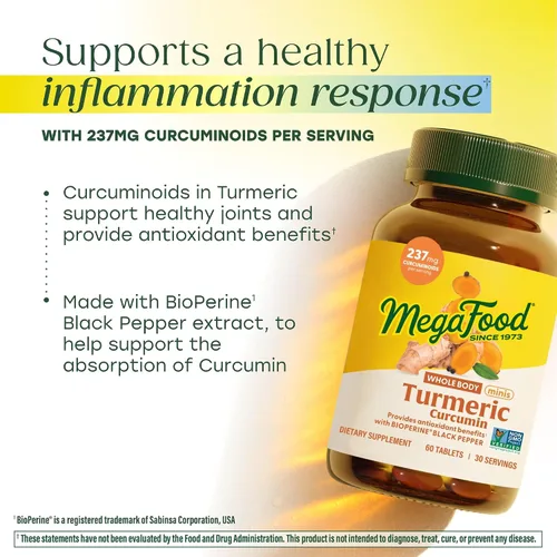 Miniatura 3 de MegaFood Suplemento de curcumina de cúrcuma de cuerpo entero Minis, suplemento de cúrcuma con pimienta negra, 237 mg de curcuminoides por porción