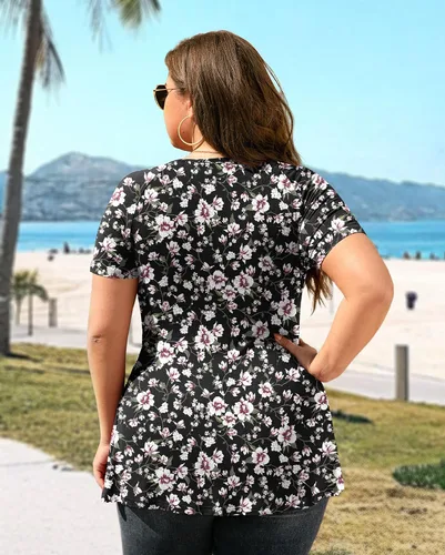 Miniatura 4 de TIANZHU - Blusa elegante de manga corta para mujer, túnica con cuello en V, estilo envolvente, blusa bonita de talla grande