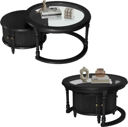 Miniatura 3 de LKTART Mesa auxiliar anidable para sala de estar, mesas de centro redondas de madera maciza de vidrio templado con almacenamiento, mesa central