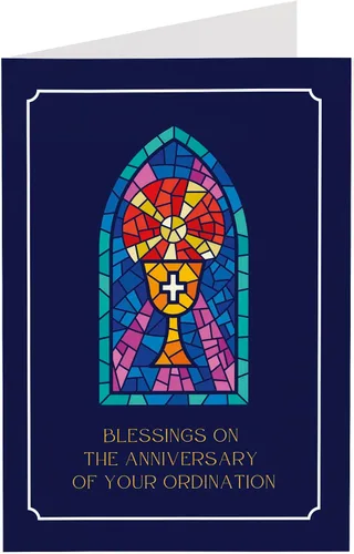 Tarjeta de felicitación de aniversario de ordenación con sobre, diseño cristiano de vitrales con mensaje de bendición, tarjeta religiosa premium