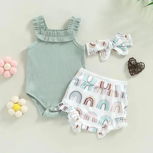Miniatura 105 de TheFound Trajes de verano para niñas pequeñas, sin mangas, de punto acanalado, halter, pantalones cortos, ropa para recién nacidos, conjunto de 3