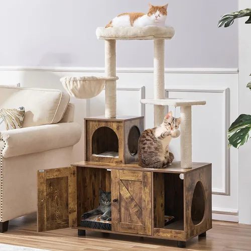 Miniatura 3 de Yaheetech Árbol para gatos, torre para gatos de 53 pulgadas con caja de arena de madera, casa para gatos 2 en 1 con condominio, postes rascadores