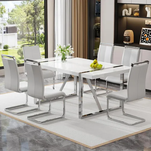 Miniatura 37 de Mesa de comedor Ebullient para 4, mesa de comedor rectangular negra de MDF, tapa de mesa de cena de mármol falso, mesa de comedor moderna con marco