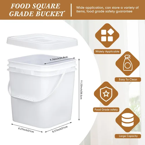 Miniatura 2 de Mumufy 5 piezas de 13.25 litros de cubeta cuadrada de grado alimenticio con tapa, cubeta cuadrada con asas de plástico para almacenamiento de Blanco