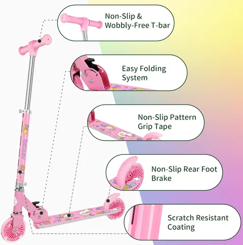 Miniatura 6 de BELEEV V2 - Scooter para niños con ruedas y tallo y plataforma iluminados, scooter plegable de 2 ruedas para niñas y niños, 3 alturas ajustables