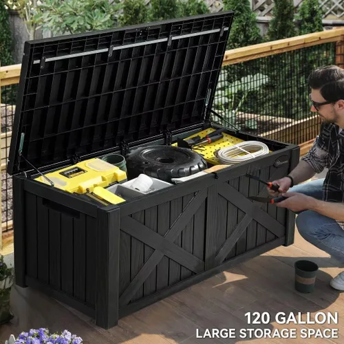 Miniatura 5 de YITAHOME Caja grande de cubierta de 120 galones con parte delantera en forma de X, cajas de almacenamiento de resina para exteriores, banco de Negro