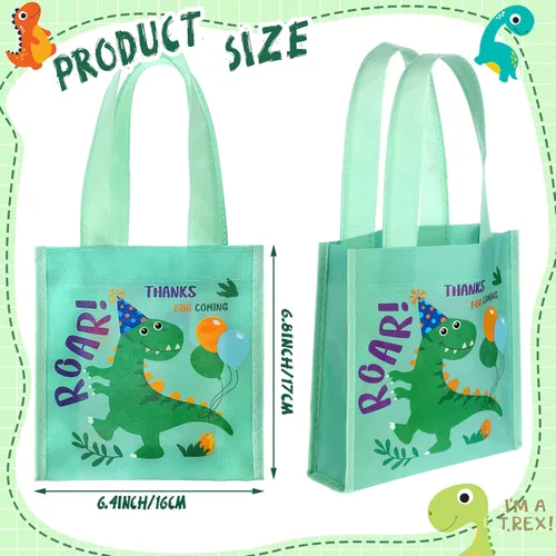 Miniatura 2 de Kajaia 24 bolsas pequeñas de dinosaurio para fiesta, regalo de dinosaurio, reutilizables, caramelos, dinosaurios, no tejidas, bolsas con asas