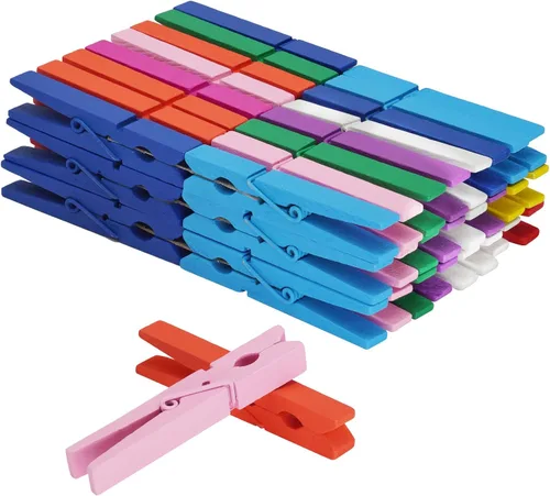 KTOJOY Alfileres de madera de colores, colores arcoíris, paquete de 50 unidades, 2.9 pulgadas, 5 unidades por color, óxido de madera de abedul