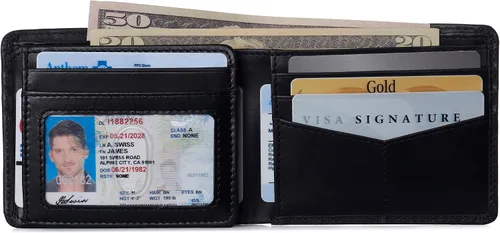 Miniatura 12 de Alpine Swiss RFID - Cartera de piel con 2 compartimentos para documentos de identidad, con ventana dividida, sección para billetes, en caja de regalo