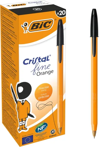 BIC Bolígrafo naranja fino, bolígrafos de escritura con tinta de larga duración, punta fina (0.031 in), tinta negra, caja de 20 unidades