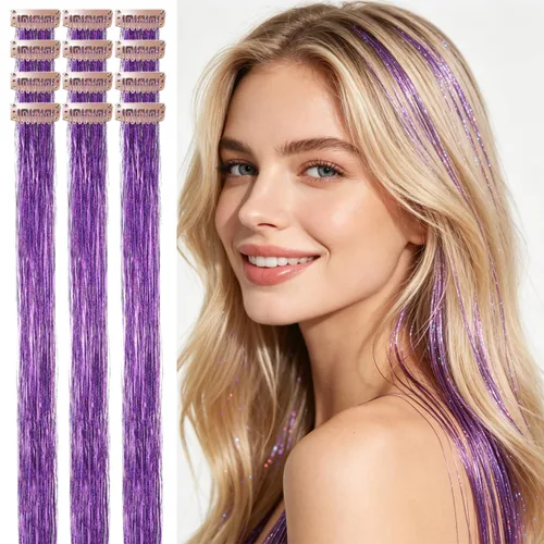 Miniatura 13 de Celinebella 6 extensiones de cabello con clip de mezcla de color rojo, plateado y azul, 6 unidades, resistentes al calor, para mujeres, 17-Azul