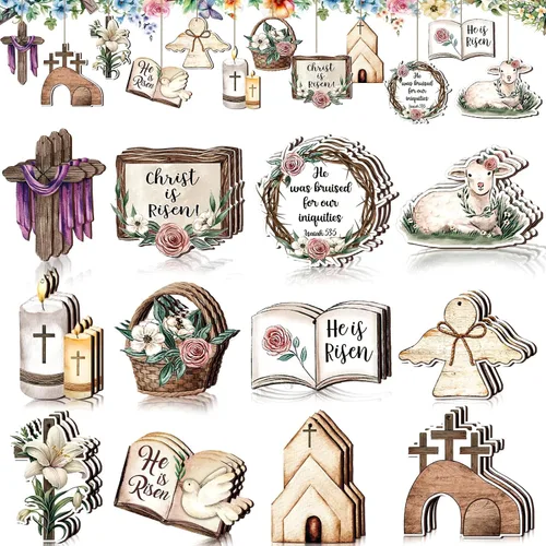 36 piezas de decoraciones vintage para árbol de Pascua, adornos religiosos de Pascua para árbol He is resucitado, decoraciones de madera para colgar