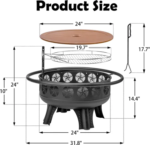 Miniatura 7 de Verdeluxe Pozo de fuego de 32 pulgadas con rejilla de cocción giratoria, hoguera de leña 3 en 1 con parrilla, mesa de fogata al aire libre con tapa