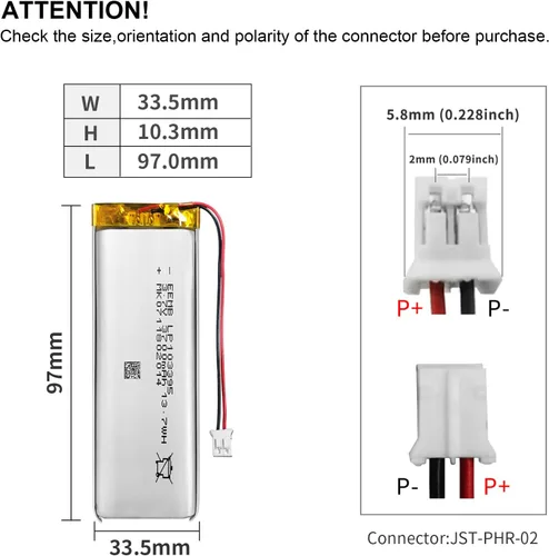 Miniatura 3 de 10 baterías EEMB 3.7V Lipo 3700mAh 103395 batería recargable de polímero de litio con conector JST (certificado UL para celda) Asegúrate de que