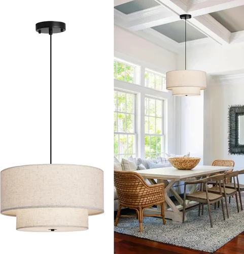 Lámpara Colgante de Tela de Doble Tambor Moderna de 18", Lámpara de Araña Colgante Grande para Techo con Pantalla de Tela de Doble Capa, Ideal para