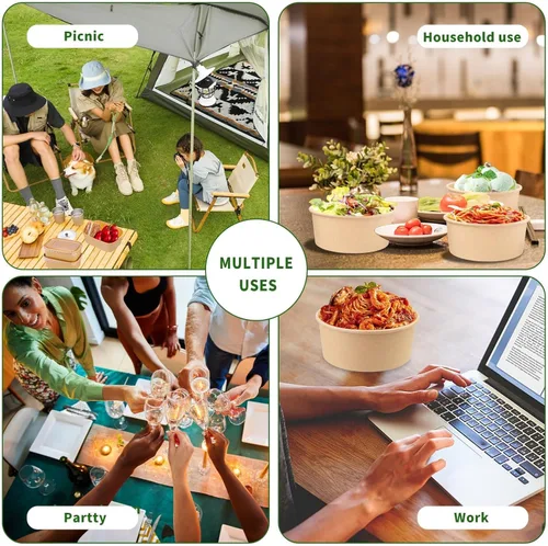 Miniatura 6 de Paquete de 50 cuencos redondos de papel kraft desechables de 37 onzas, recipientes desechables con tapas para ensalada dietética, helado, yogur