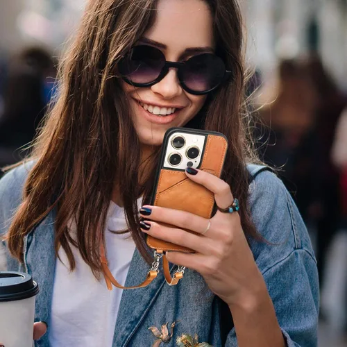 Miniatura 5 de LUCKYCOIN Funda tipo cartera cruzada para iPhone 14 Pro, funda de piel auténtica con protección contra caídas para mujer, con tarjetero expandible