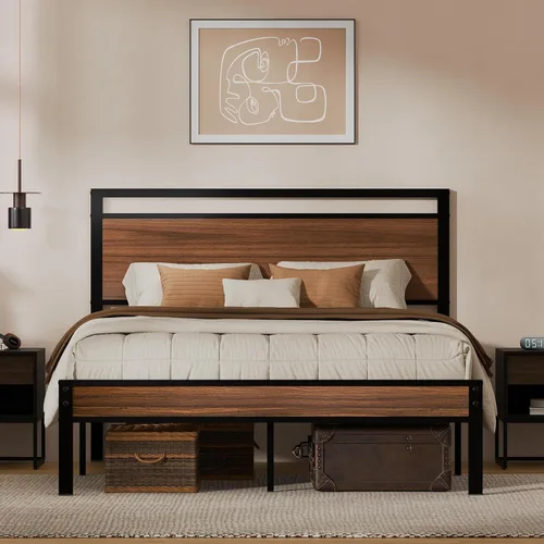 Miniatura 16 de Z-hom Cama de plataforma de metal resistente de fácil montaje, marco de cama tamaño Queen con cabecero y estribo, soporte antideslizante y Marrón