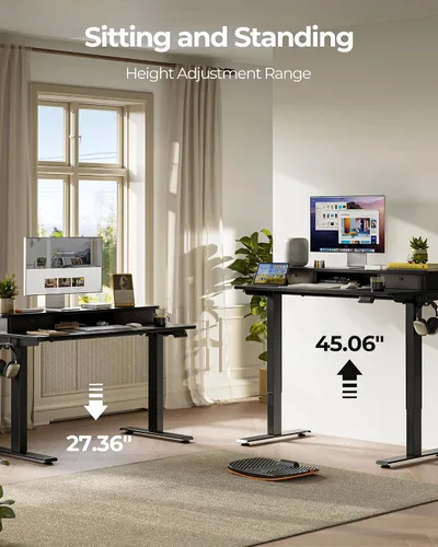 Miniatura 5 de FEZIBO Escritorio de pie de 48 x 24 pulgadas con altura ajustable, escritorio eléctrico de pie con doble cajón, escritorio de oficina en casa con 4