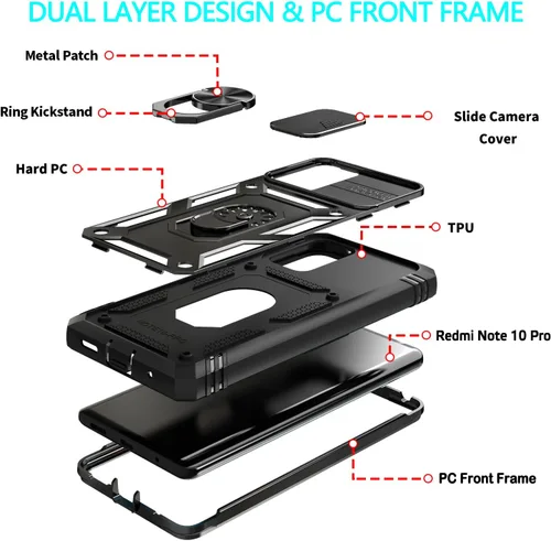 Miniatura 6 de Funda para Xiaomi Redmi Note 10 Pro, Redmi Note 10 Pro MAX con 3 protectores de pantalla de vidrio templado con soporte de anillo integrado + Negro
