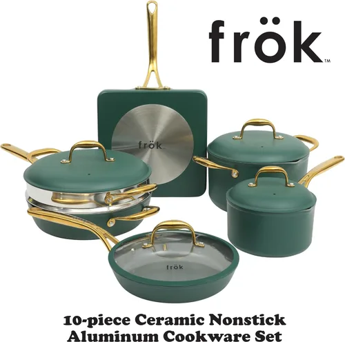 Miniatura 2 de Frok Juego de 10 ollas y sartenes de 4 mm de espesor de aluminio de calentamiento rápido con interior antiadherente de cerámica libre de PFA y verde
