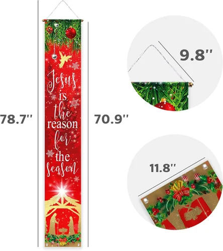 Miniatura 3 de Funnytree Letrero rojo de Navidad con texto en inglés "Jesús Nativity", cartel para puerta religiosa de invierno, Navidad, suministros de fiesta
