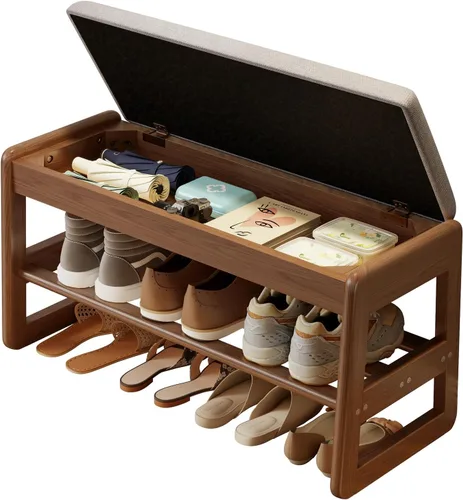 Miniatura 17 de AQIMUELE Banco pequeño para zapatos, banco de zapatos de 2 niveles con almacenamiento con tapa abatible, zapatero de madera para entrada, pasillo