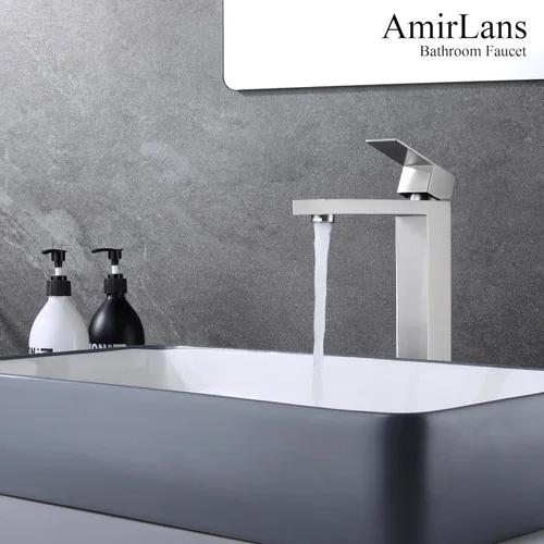 Miniatura 6 de Grifo de lavabo para recipiente de baño, de níquel cepillado, grifo alto de baño de un solo agujero y una sola manija, grifo alto de baño de níquel