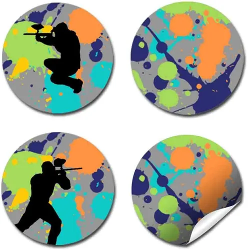 Miniatura 7 de AmandaCreation - Etiquetas adhesivas para fiestas de cumpleaños con temática de paintball, 300 adhesivos circulares de fiesta de 0.75 pulgadas