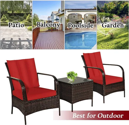 Miniatura 9 de Tangkula - Juego de muebles de jardín de 3 piezas, 2 sillas de mimbre con mesa de centro con cubierta de cristal, para el jardín, al aire libre, Rojo