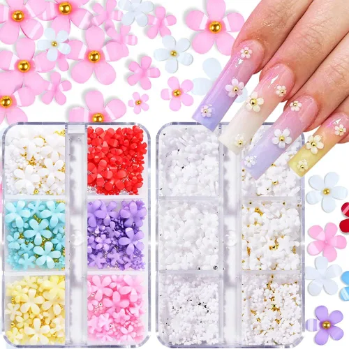 Miniatura 12 de Dijes para uñas de flores 3D, kit de decoración de uñas de 2 cajas con diamantes de imitación acrílicos 3D, lámina de uñas holográfica iridiscente