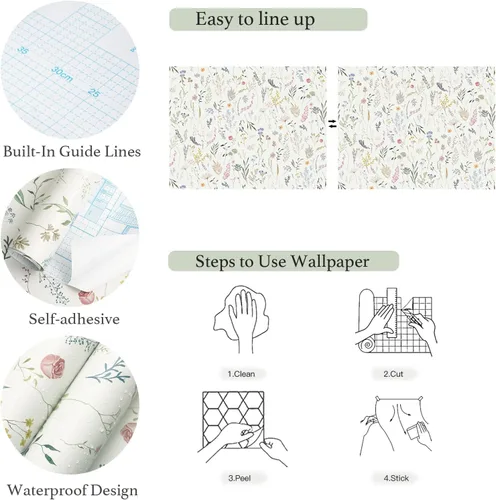 Miniatura 9 de Dimoon Papel tapiz floral de 78.7 x 16.1 pulgadas, papel de contacto beige grueso, papel tapiz grueso de flores delicadas, impermeables, hojas
